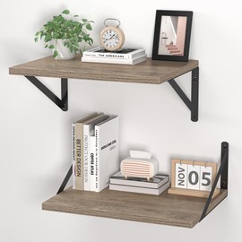 Heimlove Deep Floating Shelves for Wall, 16W x 12D Rustic Grey Wood Wall Shelves Set of 2, Large Floating Shelf for Living Room, Kitchen, Office, Bedroom and Decor Storage, with Metal Bracket - Grey