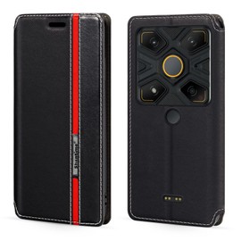 Shantime Classic Stripes Faux Leather Flip Case Compatible with AGM Glory G1S, Invisible Magnetic Cover with Card Slot, Contrast Color Design(Black)