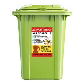 P028 Biotonnen Aufkleber 2er Set – Mülltrennung Hinweis wetterfest – Bioabfall richtig entsorgen – Bußgeld vermeiden – Deutsch/Englisch (Variante 3 Achtung)