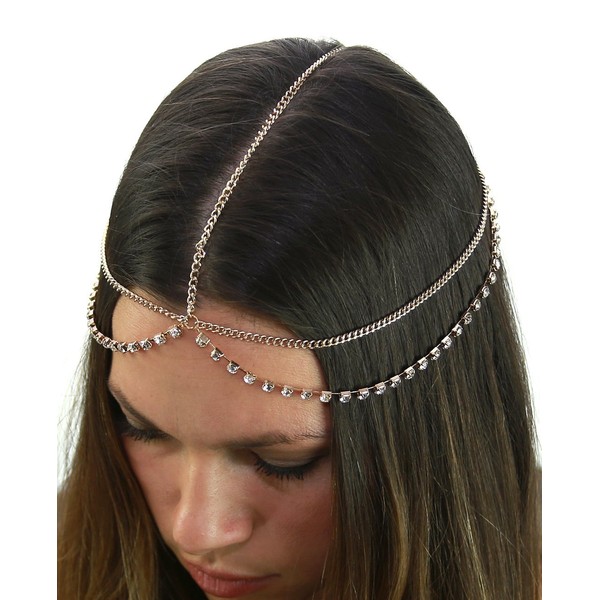 Women's Bohemian Fashion Head Chain Jewelry - Single Draping Rhinestone Simple Strand, Gold-Tone