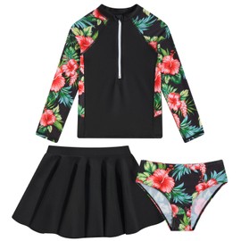 Rashguard for Girls Cute Floral Print Black Swimsuit Long Sleeve Bathing Suits Sun Protect Big Kids Summer Beachwear Size 10-12
