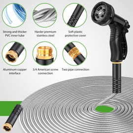 Garden Hose Metal 100FT, Stainless Steel Heavy Duty Water Hose With 10 Function Nozzle, No-Kink, Tough & Flexible, Sturdy and Lightweight, Rust Proof for Yard, Outdoor, RV