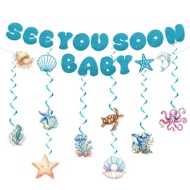 2pcs See You Soon Baby Banner and 8pcs Underwater World Themed Hanging Swirls Decor Sea You Soon Baby Shower Decorations for Under The Sea Themed Boy Baby Shower Decorations, Gender Reveal Events