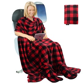 Tirrinia Travel Portable Blanket with Feet Airplane Office Poncho 4 in 1 Zippered Front Pocket Premium Cozy Fleece Blankets with Built-in Bag