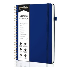 WEMATE Simplified Meeting Notebook for Work with Action Items 200 Pages, Office Supplies for Project Planner, PU Leather Hardcover Meeting Notes Notebook for Work, B5 (10" × 7") - Dark Blue