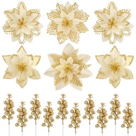 Yacoto 34 Pcs Gold Poinsettia Christmas Decorations Artificial Flowers, 4 Styles Glitter Poinsettia Flowers with 10 Berry Stems & 24 Clips, Christmas Tree Ornaments for Wreath Holiday Home Party Decor
