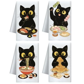 CUTHOLLOW 4Pcs Black Cats Ramen Kitchen Towels Cute Tea Towels