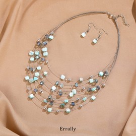 Multi-Layer Boho Shell Beaded Necklace for Women Colorful Crystal Strand with Silver Beads Statement Collars Necklace and Earrings Costumes Jewelry Sets for Women(Turquoise)