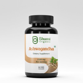 Bhumi Organic Ashwagandha Supplement, 2100mg per Serving, 60 Vegan Capsules, Root Extract with Black Pepper