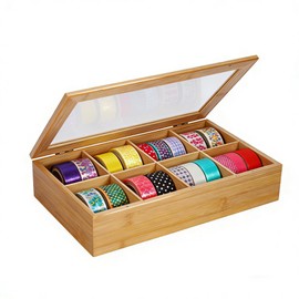 Qinpufu Wooden Washi Tape Organizer Box with Clear Lid – Holds 24-32 Rolls – 8 Compartments Craft Supply Storage Case for Ribbon, Stickers & Masking Tape – Portable DIY Carrying Case