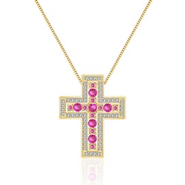 Lacris Cross Necklace, Domestic Manufacturer, Zirconia, Double, 18K Gold Plated, Gold x Pink Stone, Men's and Women's, 18K Gold GP Cross Necklace