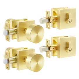 Heittis 2 Pack Front Door Lock Set,Front Door Entry Knobs Single Cylinder Deadbolt Combo Set,Gold Door Knobs with Same Keys,Satin Brass