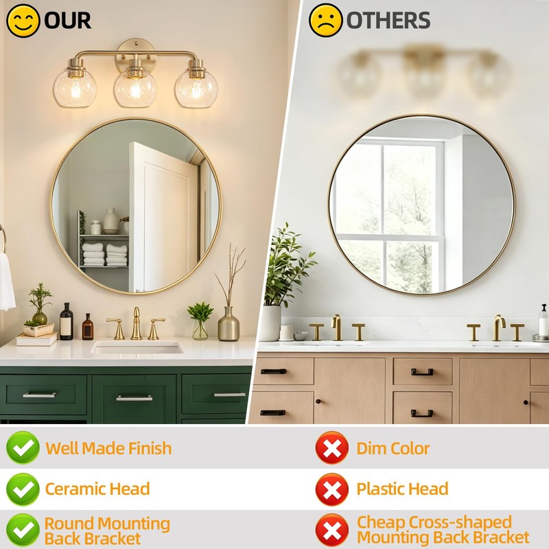 Watyo Bathroom Light Fixtures Gold Vanity Light 3 Light Wall