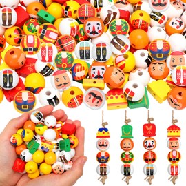 Suzile 144 Pcs Christmas Wood Beads 4 Styles Christmas Nutcracker Wooden Bead with Holes and Twine Farmhouse Rustic Round Wooden Bead for DIY Craft Party Supplies Christmas Holiday Decor