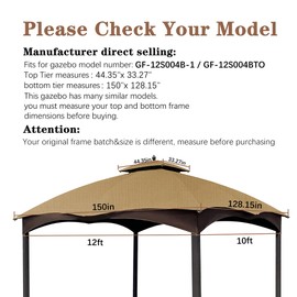 SCOCANOPY Beige Ripstop Replacement Top for Lowe's Allen Roth 10X12 Gazebo Model #GF-12S004B-1/ GF-12S004BTO