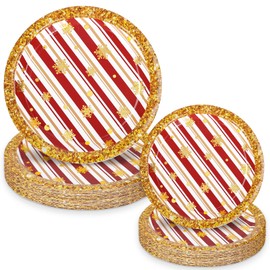 Whaline 40Pcs Christmas Tableware Set Red Candy Stripe Gold Snowflake Paper Plates 7 & 9 Inch Xmas Disposable Plates for Holiday Birthday Party Table Supplies
