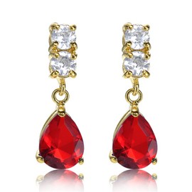 [RIZILIA TEARDROP] Dangle Pierced Earrings with Pear Cut Gemstones CZ [Red Ruby] in 18K Yellow Gold Plated, Simple Modern Elegance