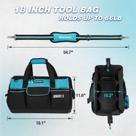 DURATECH 18-Inch Large Tool Bag with Waterproof Hard Bottom, Tool Bags for Men Heavy Duty with 19 Pockets, Wide Open Mouth Toolbag for Electricians Mechanic Plumber HVAC