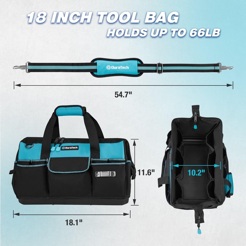 DURATECH 18-Inch Large Tool Bag with Waterproof Hard Bottom, Tool