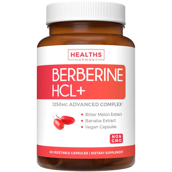 Healths Harmony Berberine HCL 500mg (Non-GMO & Vegetarian) Plus Bitter Melon & Banaba Leaf - AMPK Metabolic Activator - 60 Capsules - No Pills