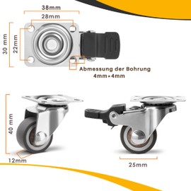 WISD Set of 4 Swivel Castors 25 mm 40 kg, Small Furniture Castors with 2 Brakes, Rolling Mark-Free, Small Castors for Indoor and Outdoor Use