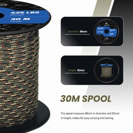 Abma Cord Paracord 3 mm 30 m 100% Nylon Rope Paracord 425 Type II Cord with 3 Cores for Crafts, Camping, Survival - Max. 192 kg (425 lbs) - Forest Camo