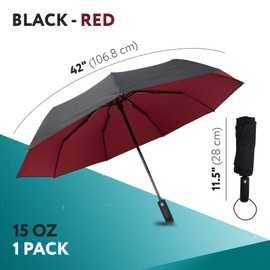 PUREVACY Windproof Travel Umbrella. Red Black Double-Layered Teflon Coated Umbrellas for Rain Windproof. Light Automatic Windproof Umbrella with Foldable Fiberglass Spokes, Rubber Handle, Steel Shaft