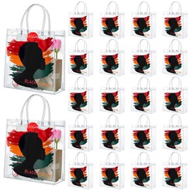 Kolldenn 20 Pieces Black History Month Gift Bags with Handles 8x8x3.15 Inch Black History Month Party PVC Treat Bags African Party Clear Favor Bags Bulk for Black History Month Party Supplies