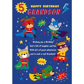 Grandson 5th Birthday Card - Age 5 - Super Hero Dogs and Stars Design - Made in the UK - Eco-Friendly