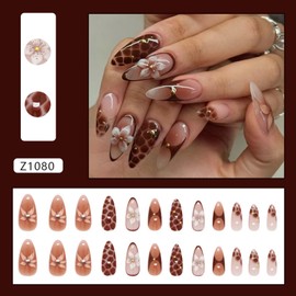 Fall Press on Nails Medium Almond Brown False Nails Fall Press on Acrylic Nails with Floral Design Fake Nails Full Cover Flower Glue on Nails Glossy Artificial Nails Autumn Stick on Nails for Women