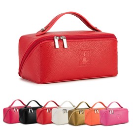 Royal Fair Women's Cosmetic Bag, Makeup Bag with Large Capacity, PU Leather, 180° Wide Opening Cosmetic Organiser with Dividers and Handle, Waterproof for Travel (Red)