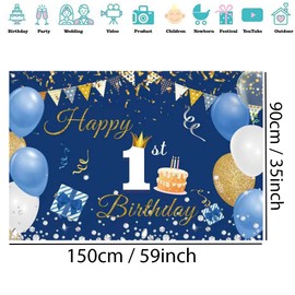 1st Birthday Decorations Happy 1st Birthday Backdrop Banner for Boys/Girls Happy 1 Year Old Fabric Sign Poster, Blue Photography Background First Birthday Party Supplies, 150x90cm