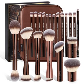 MAANGE 20 PCS Makeup Brush Set with Bag, Double-ended Kabuki Brush Foundation Contour Brush for Liquid Powder Concealer Eye Shadows Cream Cosmetics Blending Blush Face Makeup Tools with Case (Coffee)