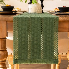 Boho Table Runner 30 x 140 cm Green Macrame Cotton Linen Tablecloth with Tassels Rustic Table Decoration for Wedding Kitchen Country House Style Washable Party Decoration