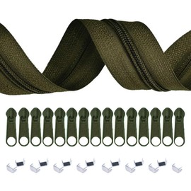 5 m Continuous Zip 3 mm with 10 Zippers and 15 End Pieces Free Choice of Colours, Colour: 242 Olive Green