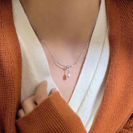 Jugielu Vintage Pearl Necklace Pearl Pendant Necklace Pearl Choker Necklace Chain White Pearl Chain Necklace Silver Horizontal Bar Necklace Wedding Necklace Jewelry for Women