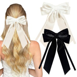 Bow Hair Clip - Pack of 2 Double Layer Velvet Hair Bow Clips, Elegant Hair Clips with Large Clip and Ribbons, Hair Accessories for Women, Wedding, Christmas, Birthday (Black + White)