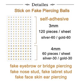 Longita Adhesive Fake Piercings Balls Silver Gold Fake Face Piercing Fake Eyebrow Piercing Fake Lip Labret Stud Stick on Nose Stud Fake Lip Piercing Sticky Face Jewelry no Pierced Fake Bridge Piercing
