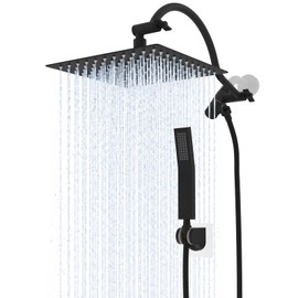 All Metal 10" Rain Showerhead with Handheld Spray Combo, Rainfall Overhead Shower Set with 12.6" Adjustable Extension Arm&Adhesive Bracket for All Families Matte Black Waterfall Shower Head with Hose