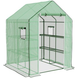 Outsunny 4.6' x 4.7' Portable Greenhouse, Water/UV Resistant Walk-in Small Outdoor Green House with 2 Tier U-Shaped Flower Rack Shelves, Roll Up Door & Windows, Green