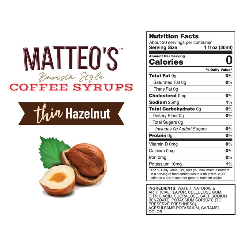 Matteo's Hazelnut Syrup for Coffee, Lattes, Cappuccinos & Desserts –