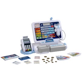Tablet cash station, play cash register with sound and removable tablet, POS terminal with mechanical function, scanner and play money, toy for children from 3 years