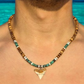 BlueRica Shark Tooth on Tiger Brown Coconut & Green Shell Beads Necklace (20" 3U)