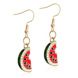 SLSF Bohemian Cute Funny Lifelike Sparkly Shine Crystal Watermelon Dangle Drop Earrings Hypoallergenic Fruit Hook Earrings for Women, Metal, n/p