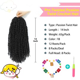 Fulcrum Passion Twist Hair 14 Inch, 8 Packs Passion Twist Crochet Hair for Black Women, Prelooped Crochet Twist Hair with Curly Ends (14Inch, 1B#)