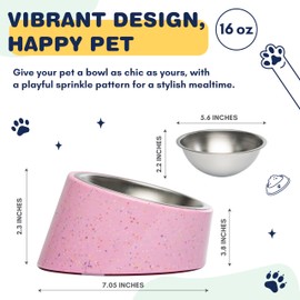 Bzyoo 16oz Tilted Dog Bowl for Small Dogs & Cats, Stylish Sprinkle Design, Elevated, Stainless Steel Inner Bowl, Non-Skid, Reduce Spillage, BPA-Free, Dishwasher Safe Color: Pink