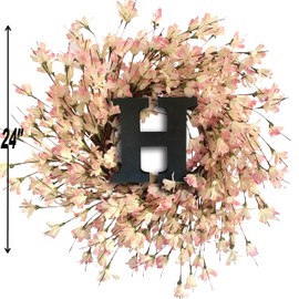 24 Inch Winter Spring Front Door Wreath Pink Forsythia Door Wreath with “H”Letter Sign Blossom Cluster Flower Farmhouse Wreath on Grapevine for Festival Celebration Front Door Wall Window Home Decor