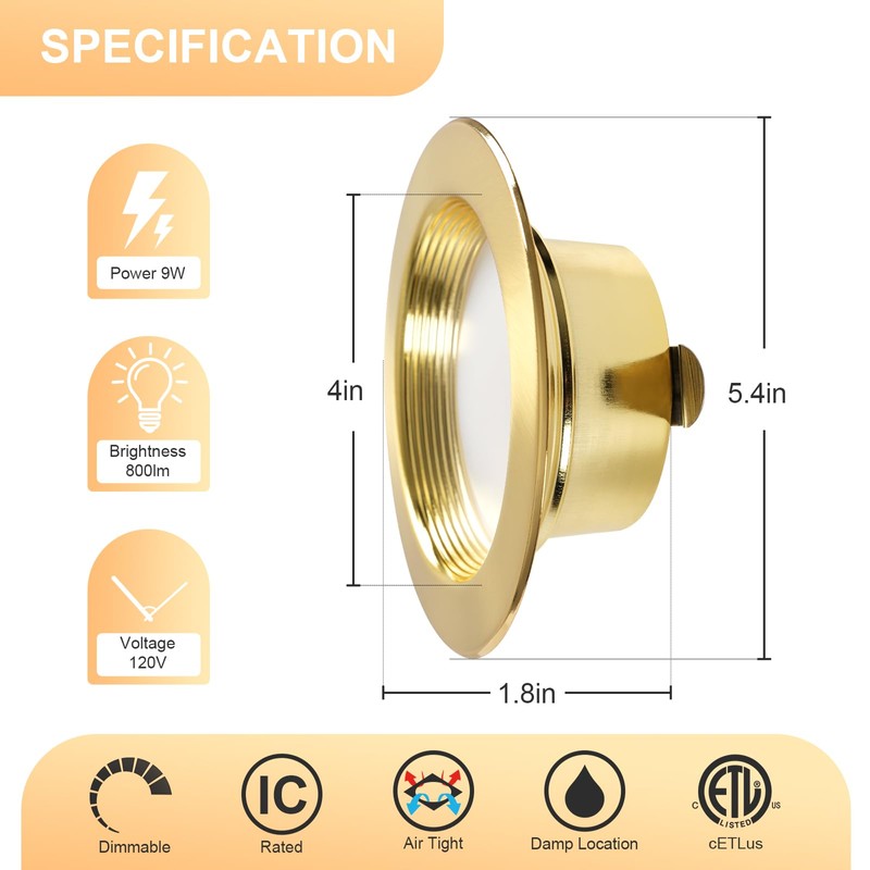 ZYC Gold 4 Inch Retrofit LED, 12 Pack Dimmable Retrofit
