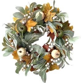 Pumpkin Wreath Artificial Harvest Wreath Fall Wreath Green Leaf Garland for Thanksgiving Day Indoor Outdoor Decoration 16inch