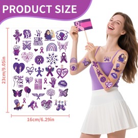 Domestic Violence Awareness Temporary Tattoos - 200+ Purple Ribbon Awareness Tattoo Decorations, Charity Party Favors Supplies, Stickers for Event(8 Sheets)
